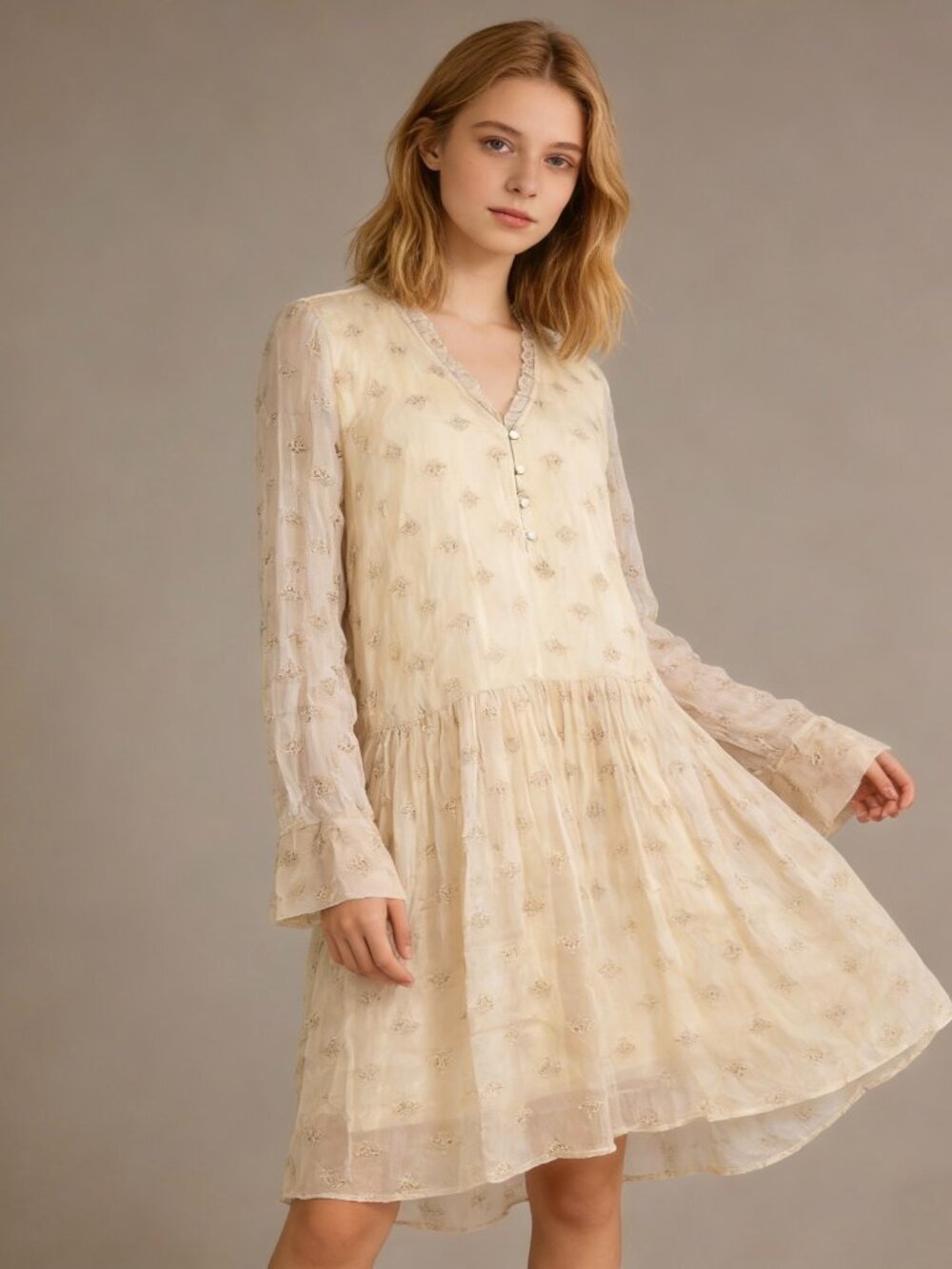 NWOT Johnny Was Jade Silk Embroidered Floral Long Sleeves Knee Length Dress S